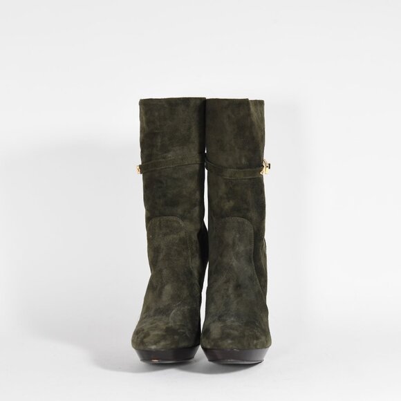 Burberry Olive Suede Ankle Boots with Gold Accents Size 37.5 Stiletto Heel - Picture 4 of 14